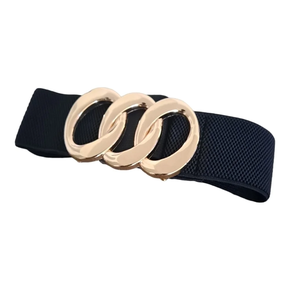 Black Stretch Wide Waist Belt Gold Triple Ring Buckle Elastic Classic Statement